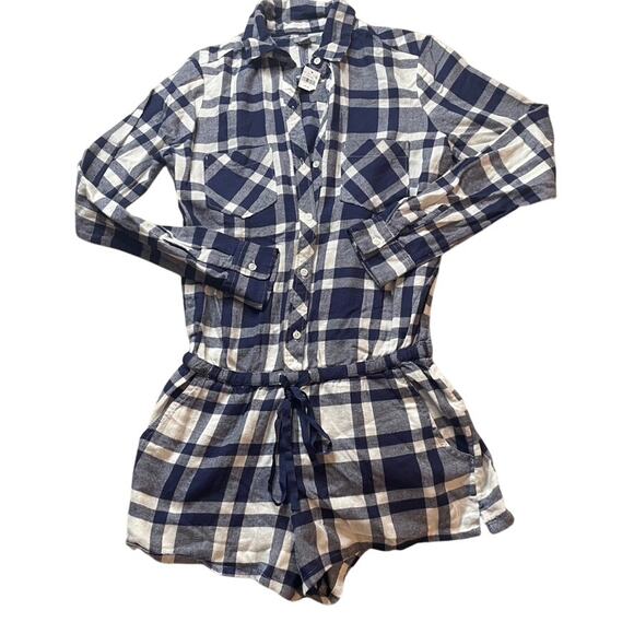 AERIE Blue White Plaid Romper Longsleeve Button Up XS Extra Small NWT - Picture 2 of 9